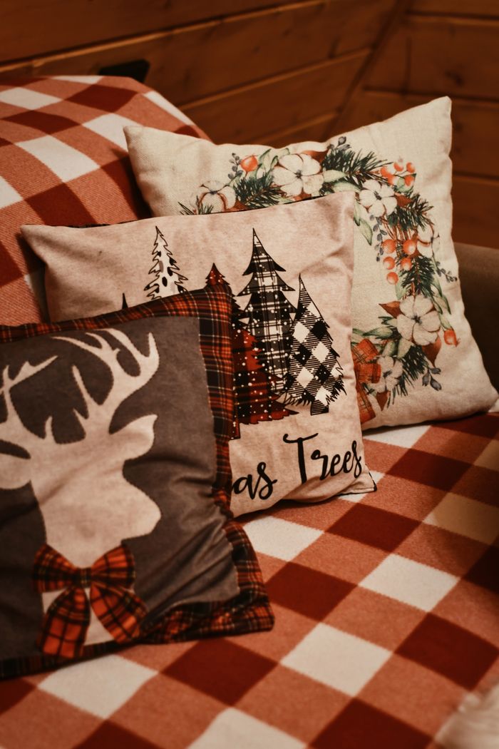 services-03 Warm and festive Christmas-themed decorative pillows on a checkered sofa.
